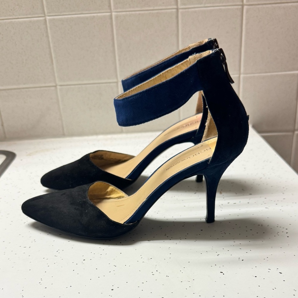 BCBGeneration Black Pointed-Toe Ankle Strap Heels